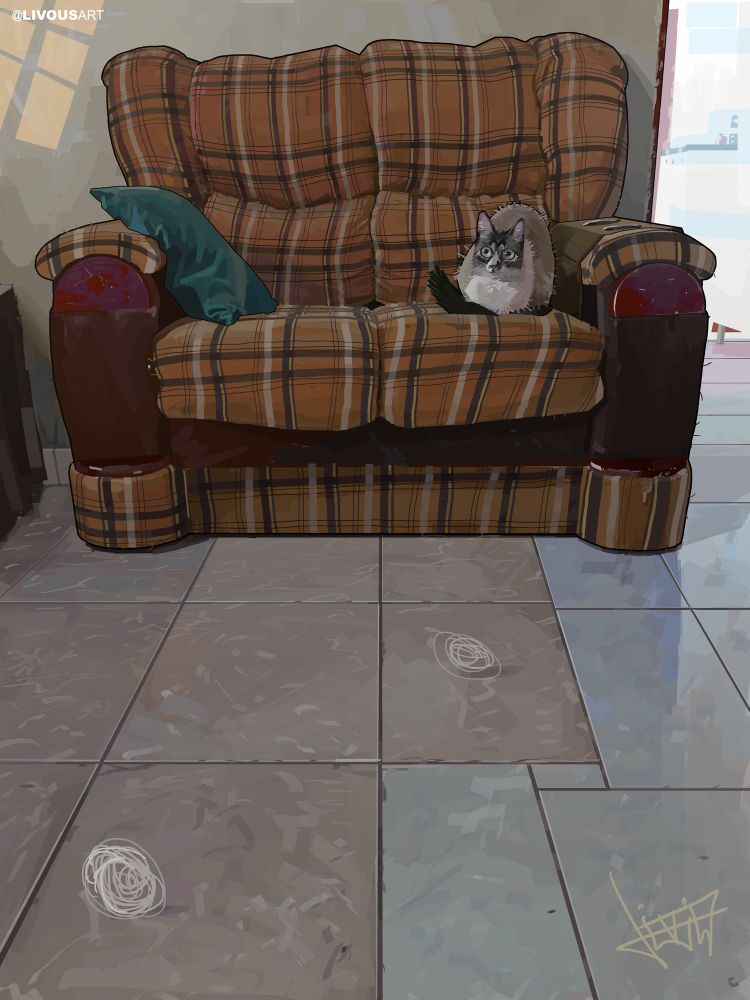 Ilustração digital de um gato sentado em um sofá velho, por @livousart.