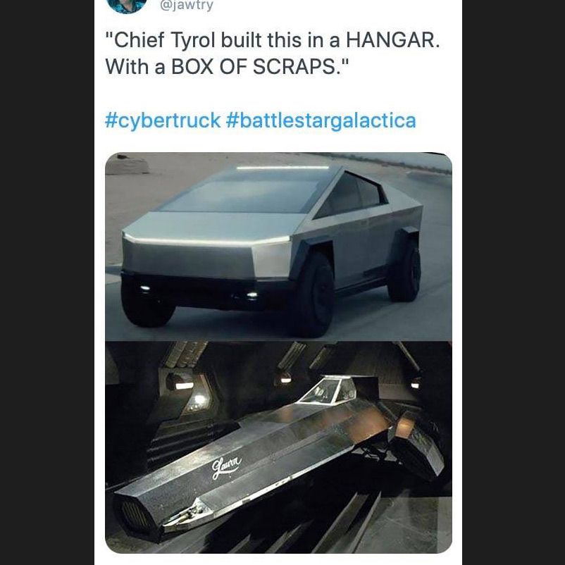 A Cybertruck, the Blackbird from Battlestar Galactica and an Iron Man reference.