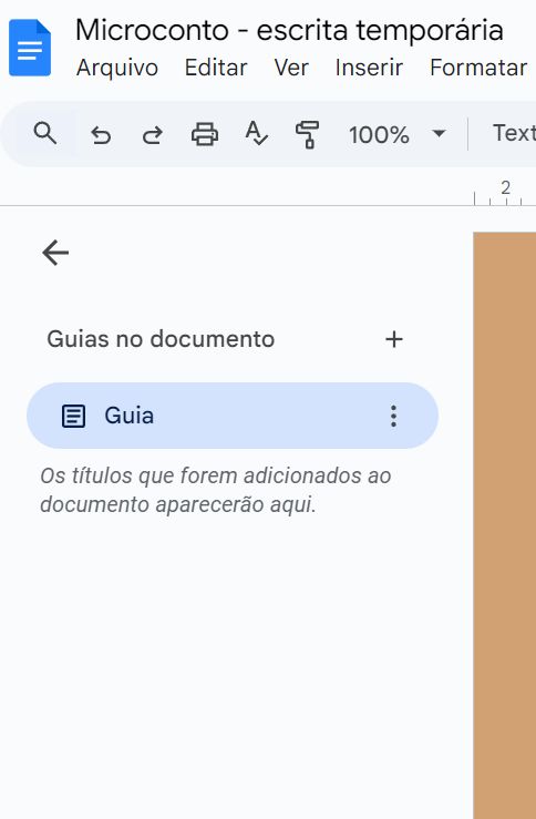 Print de uma parte do Google Docs, aparecento um texto escrito "Microconto - escrita temporária", a aba de guia, as opções de arquivo, editar, ver, inserir e formatar.