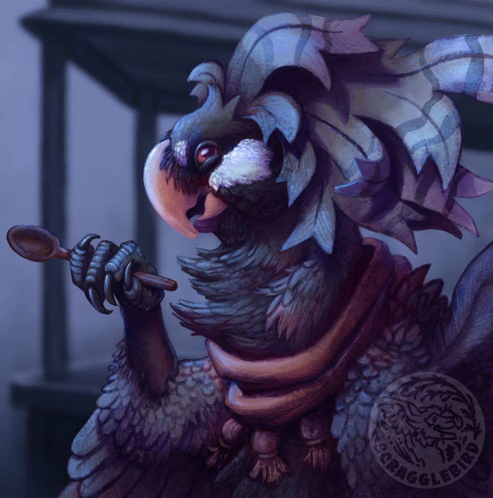 Wok, a grey cockatoo-like creature holds up a spoon while standing near his food cart. He wears a red scarf with tassels. 
