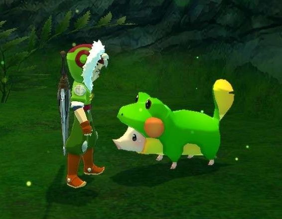 A frog costume poogie and my character from Monster Hunter stories 