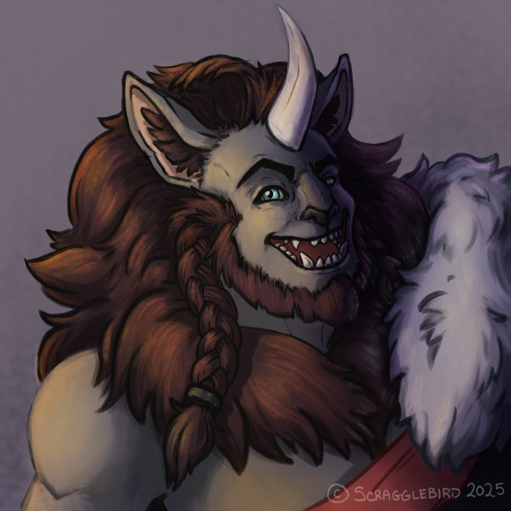 A smiling Hrothgar with a brown mane and bangs. He wears a fur shawl and a red sash. 
