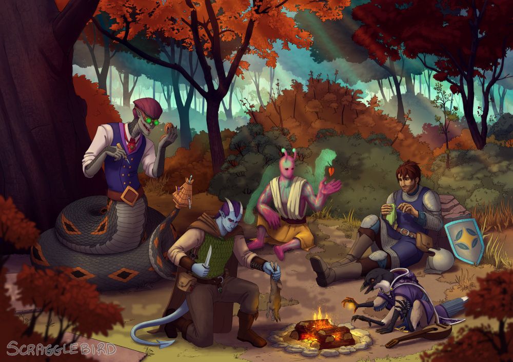 A full character illustration commission depicting a Dungeons and Dragons party relaxing in camp in the clearing of a fall forest. 