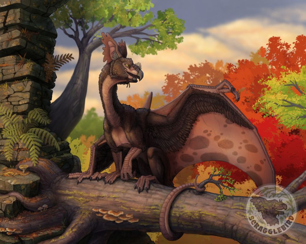 A full character illustration with a complex background. It depicts my creature Scragglebird perched on a tree that is growing from a cliffside. It is late in the afternoon in early fall. 