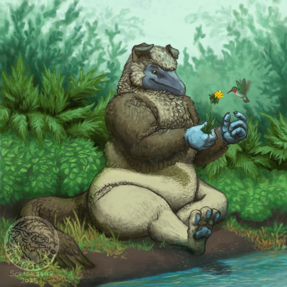 A blue footed booby character sitting by a stream. They are holding a yellow flower up for a hummingbird. 