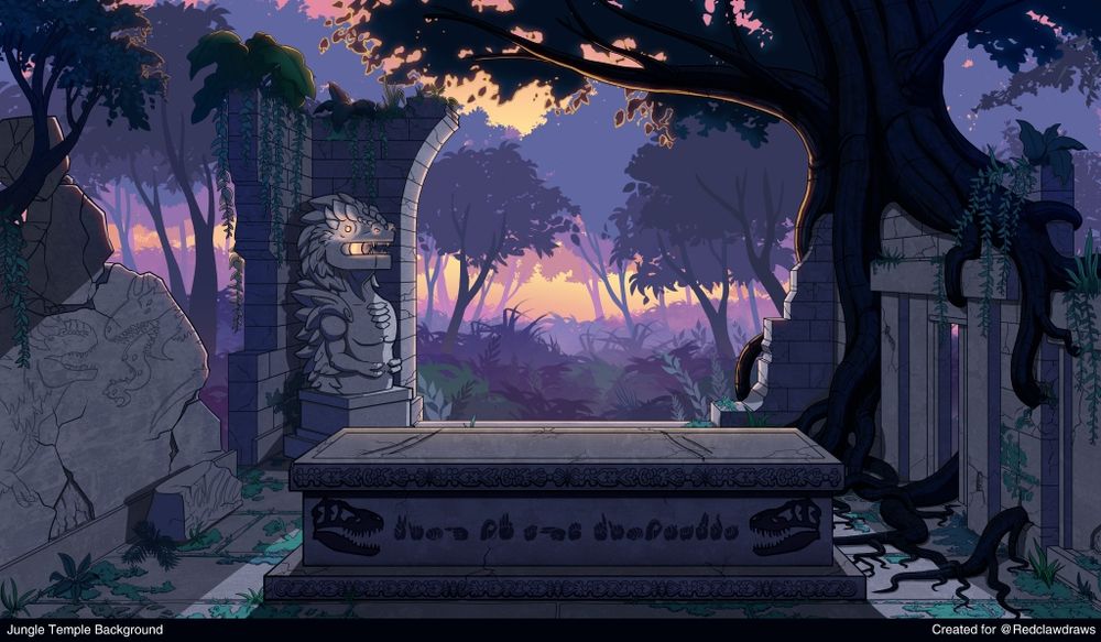 A custom stream background commission for RedClawDraws. It depicts a ruined temple and altar in the middle of a jungle at sunset. 