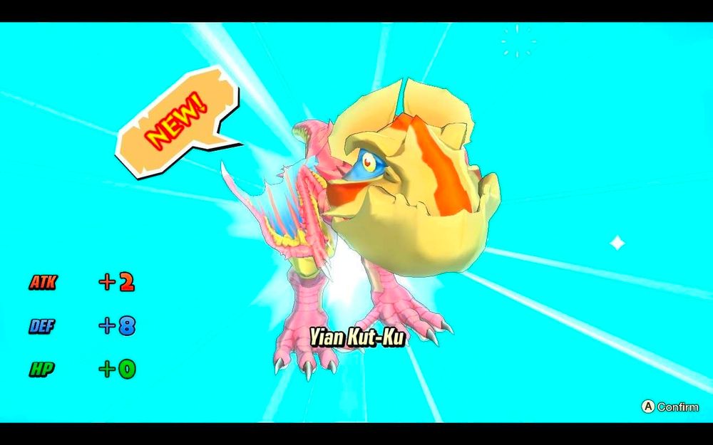 A baby Yian Kut-Ku from Monster Hunter stories with +2 attack and +8 Defense. It's my first wyvern! 