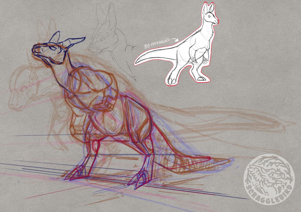 A very messy sketch, with several layers of attempts of kangaroo like creature scratching themselves. 
