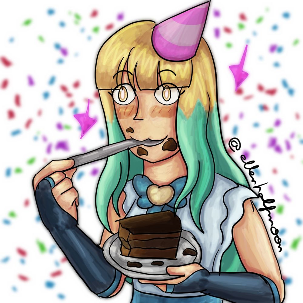 My OC, Sheila, eating chocolate cake and enjoying it. 