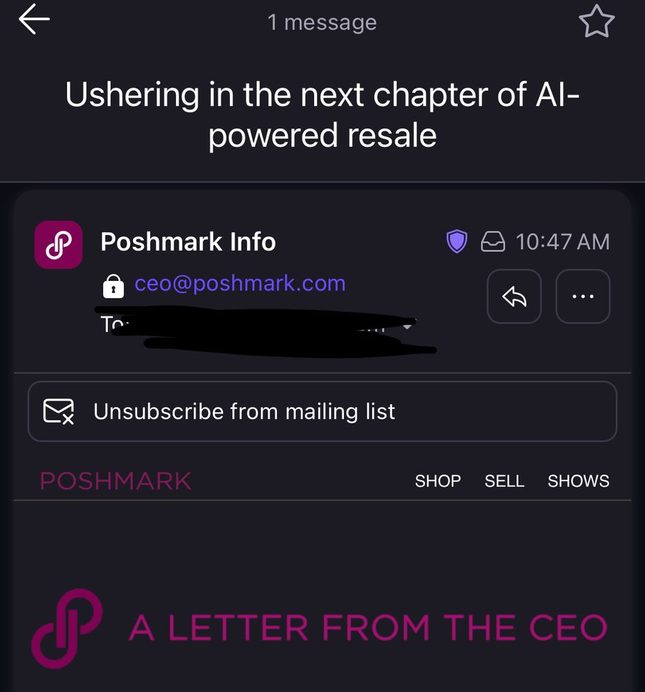 screenshot of an email from Poshmark titled “ushering in the next chapter of AI-powered resale”