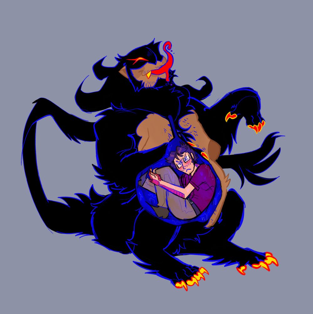 internal view, trace scrunched up inside of their tummy, looking annoyed but flustered. he doesnt hate this