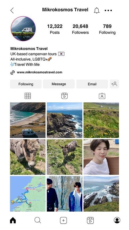 A fake Instagram post for the fictional travel agency Mikrokosmos Travel showing photos of Dunbeg Fort, Dunmore Head, Park Jimin, and DONKEYS!
