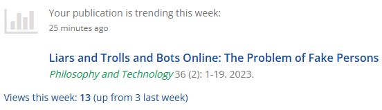 A screenshot showing that a publication is trending by having 13 views, as compared to 3 the previous week. 