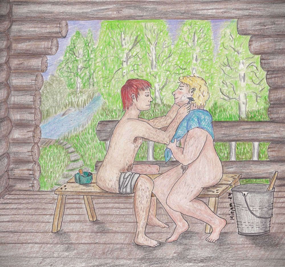 Aziraphale and Crowley sitting nude on a bench on a sauna porch. Crowley shaves Aziraphale's beard. There is a summer evening landscape behind them, and it's all soft and peaceful.