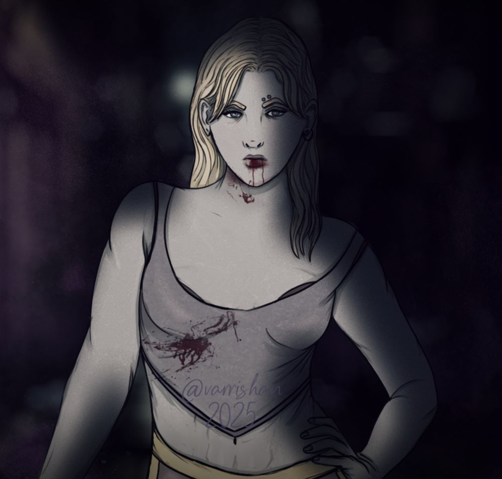 A blonde woman with blood dripping from her mouth and more blood splatter on her top. She looks at the viewer with an imposing stare.
