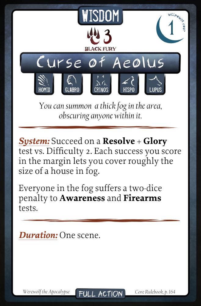 A Werewolf the Apocalypse card for fifth edition, featuring the Gift called "Curse of Aeolus". The card states what the Gift allows the Garou to do, its restrictions and requirements, what Forms it is available in, and where it can be found in the official material. 