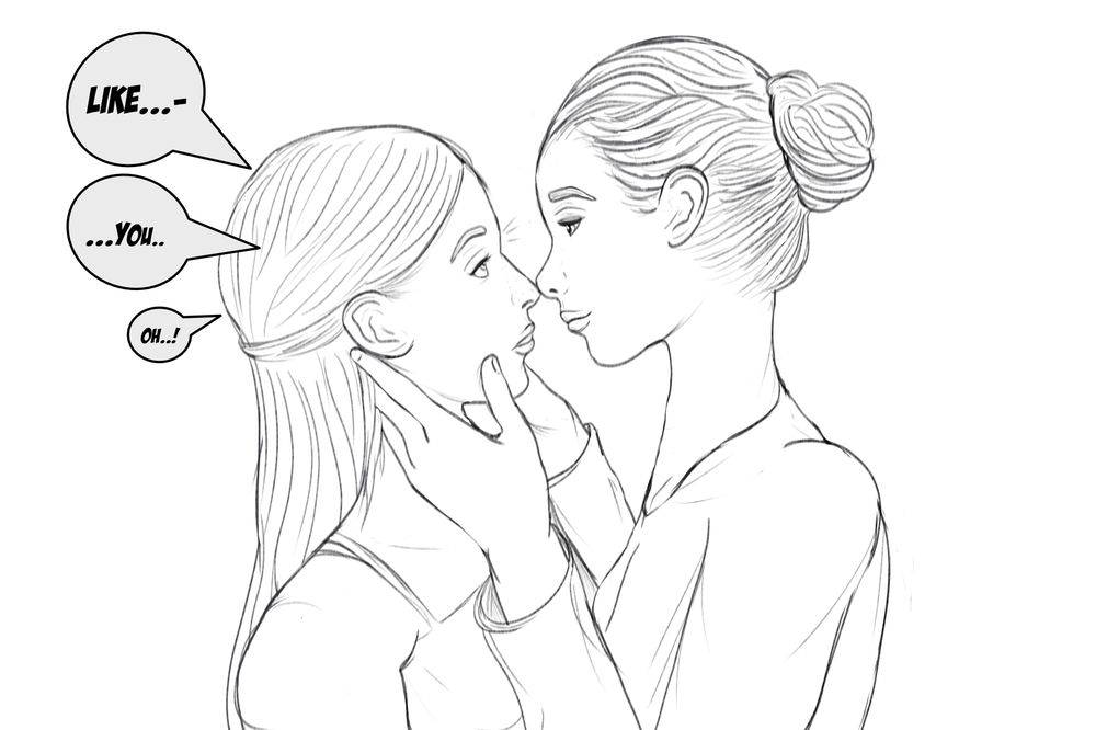 A rough drawing of two women facing each other; the woman on the right has moved closer to the other and touches her cheek gently, just as the one on the left says she likes her. They move in for a kiss.