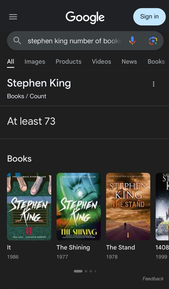 Screen grab of google search results asking number of books Stephen king has written and google saying “At least 73”