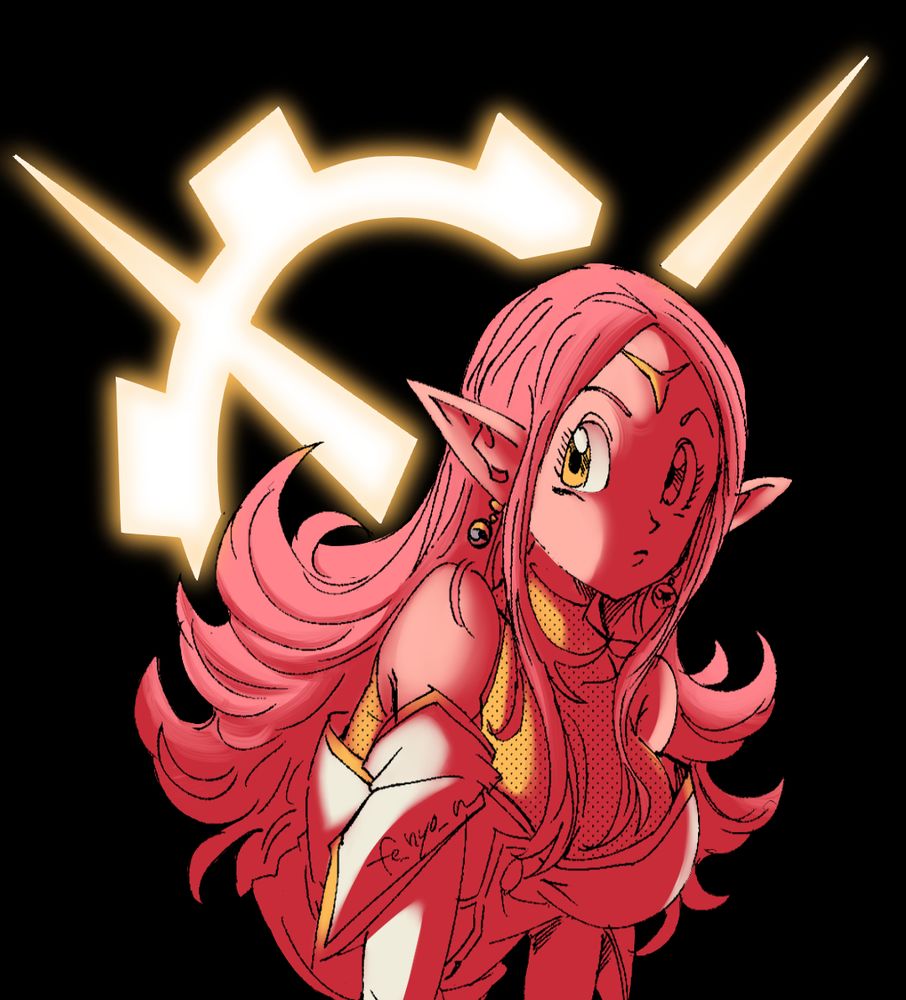 Image of chronoa - the supreme kai of time from the dragon ball series - backlit by glowing halo behind her. Original lineart by Fenyo_N on Twitter/X, colouring by me.