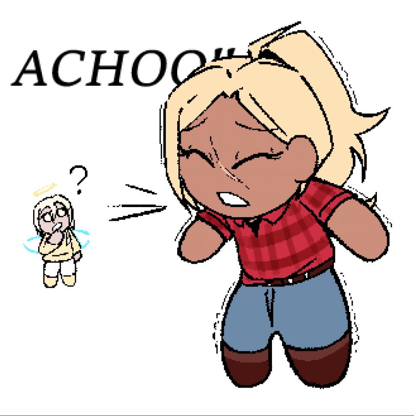 Lazuli sneezing and shaking from the cold. Flaze is in the background looking at her and saying "?'" as he ponders what to do