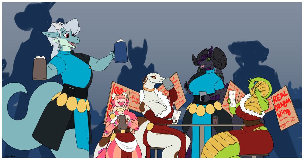 Group of 10 dragons all at a mess hall eating some grub or serving some grub