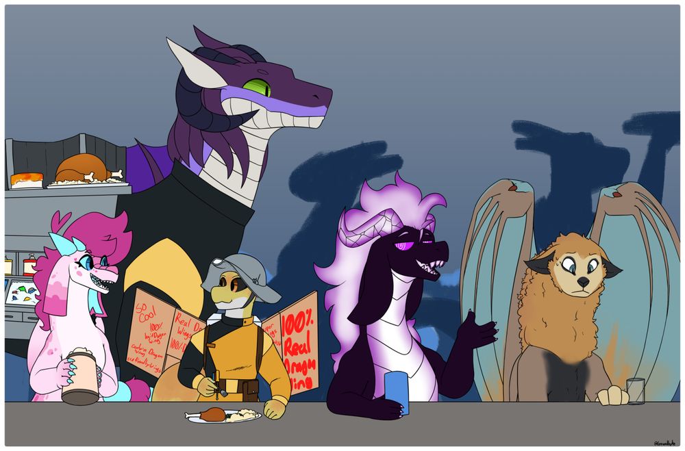 Group of 10 dragons all at a mess hall eating some grub or serving some grub