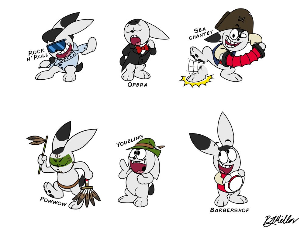 Top left: Rock and Roll
Top middle: Opera
Top right: Sea Chantey
Bottom left: Powwow
Bottom middle: Yodeling
Bottom right: Barbershop