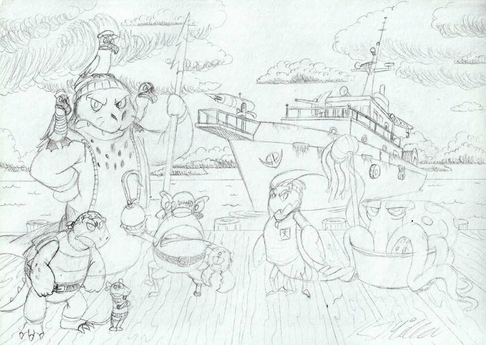 Crandall O'Briny accompanied by his crew: a leopard seal, a snapping turtle, three skuas, a lobster, an octopus, and a rat. They all stand on a dock with their ship, a rusty trawler, lying at anchor in the water.