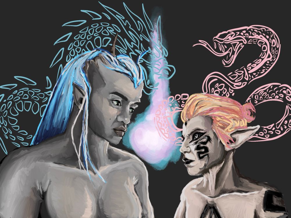 Taash and riven standing across from one another. Taash is not wearing and jewelry or their false horn. Taash hair is blue grey and rivens is yellow pink. Behind Taash is a dragon motif and behind riven is a snake motif. Between them is a blue pink and white wisp.