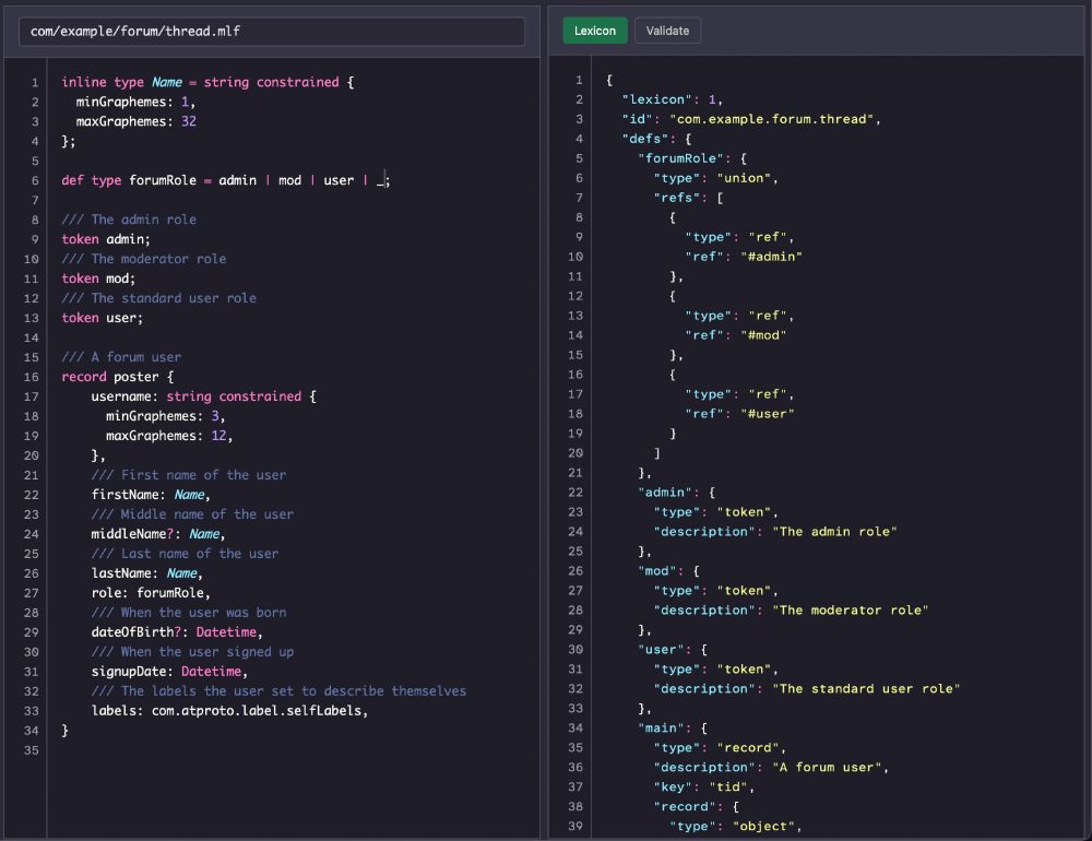 A screenshot of the mlf.lol playground, displaying an example of ATProto lexicon generation from a source MLF file. The MLF source uses inline types, def types, tokens, records, constraints, references, and references to a "standard library." Thematically, the source refers to posters on an old school forum.