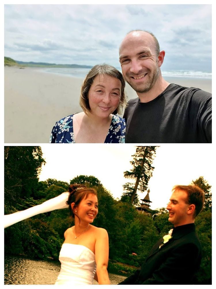 Collage of 2 photos the poster and his wife, a casual wedding portait in front of a lake on the bottom - young love!; and a beach selfie on the top - happy and wiser ;)