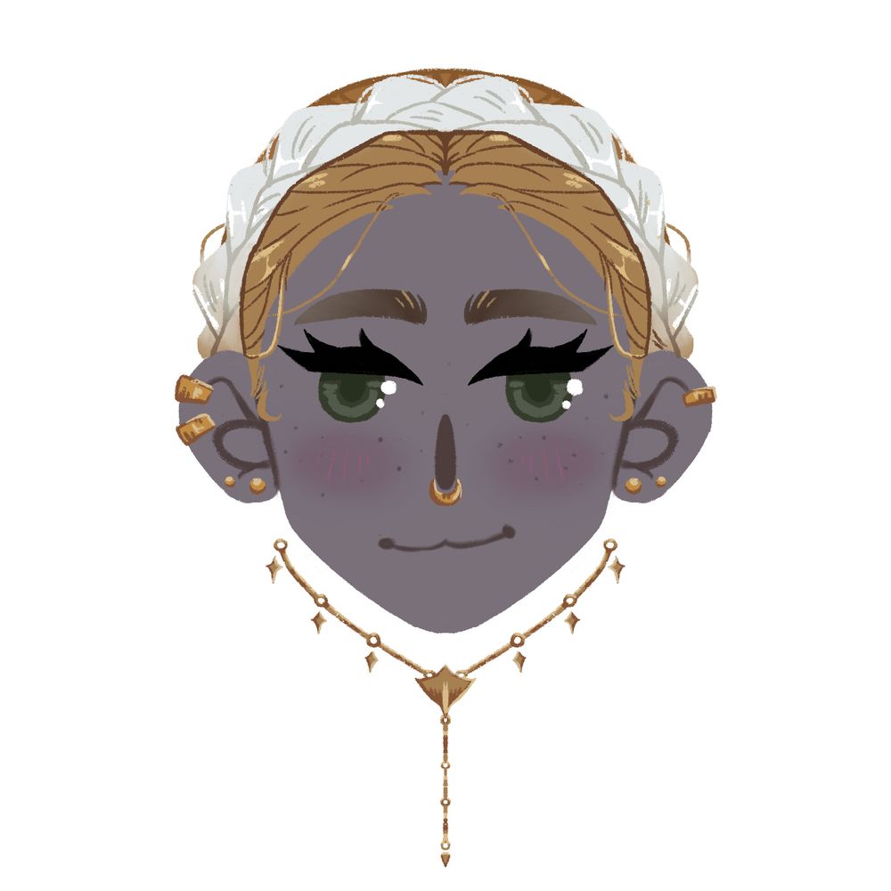 A grey-skinned woman with gold and white hair.