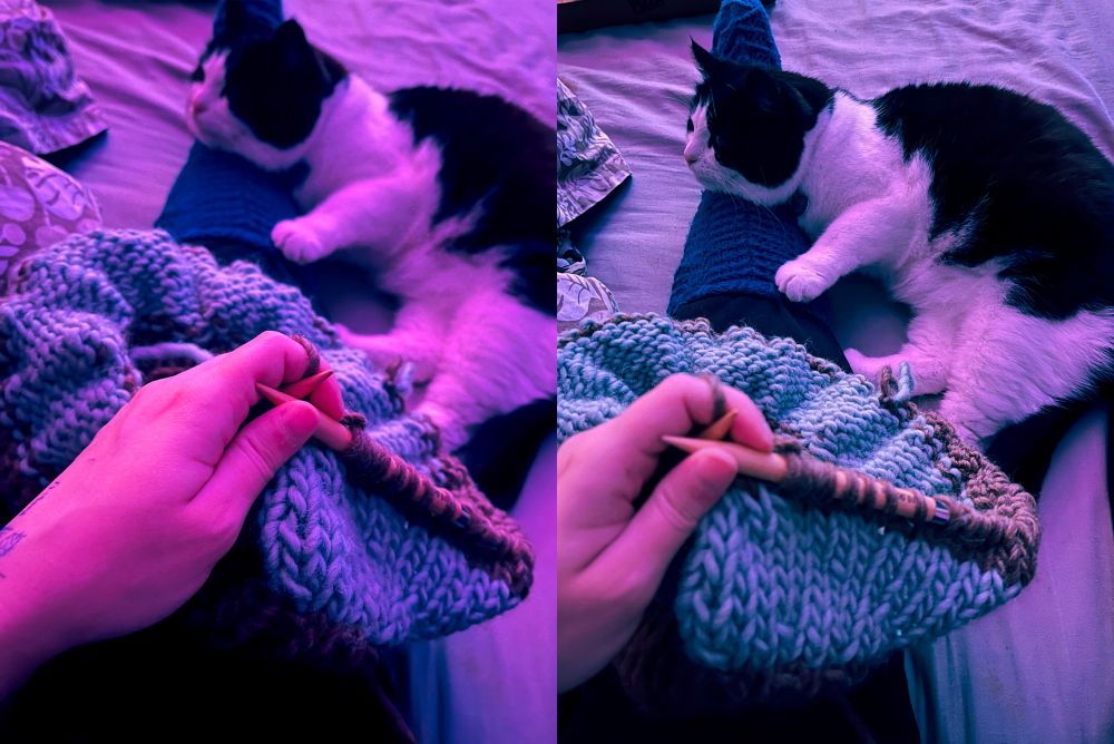 two photos side-by-side, both of the same arrangement taken out of yours truly’s point of view but slighty changed lighting and with the first one focusing on my hands and the work they’re holding and the other focused on Osmo the tuxedo cat; yours truly’s left leg on the bed (clothed in black joggers and teal knitted socks), my left hand on my lap holding onto the start of a seafoam green and coffee brown striped jumper i’m knitting out of bulky yarn, Osmo lying to the right side of my leg leaning onto it and relaxing