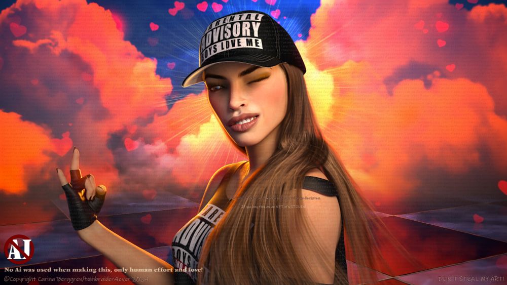 Woman wearing a black cap and a black top, long loose hair under the cap, standing in front of a sunset sky.