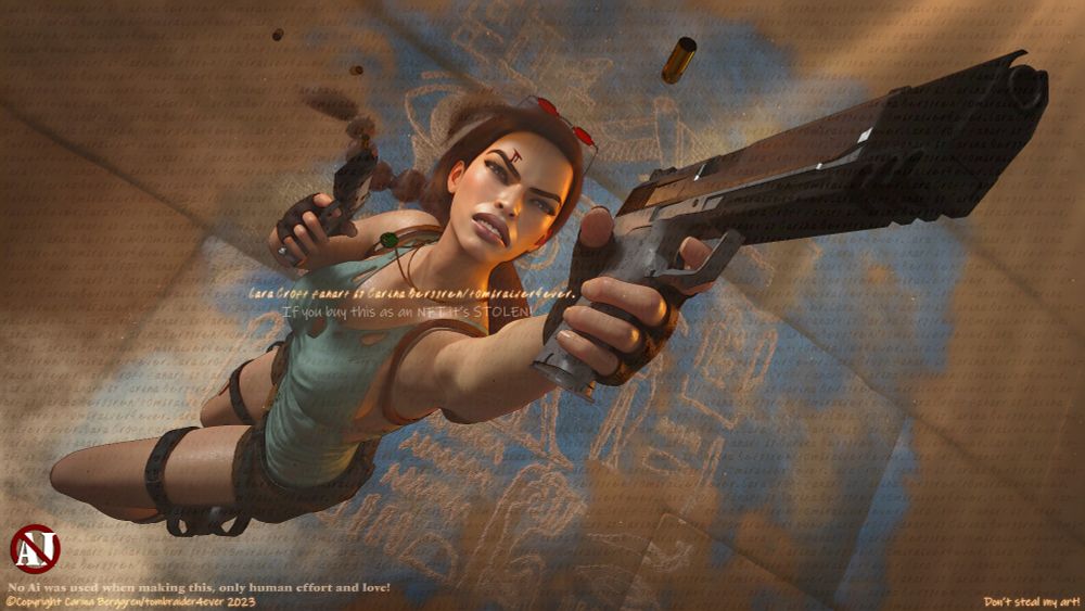 Classic Lara Croft in the classic outfit in an Egyptian temple, jumping from a ledge behind her, we see her in mid jump shooting while jumping, the gun aimed at something beside/behind the camera. She has an angry expression on her face, her braid and bangs blowing back and to the side when she jumps. 