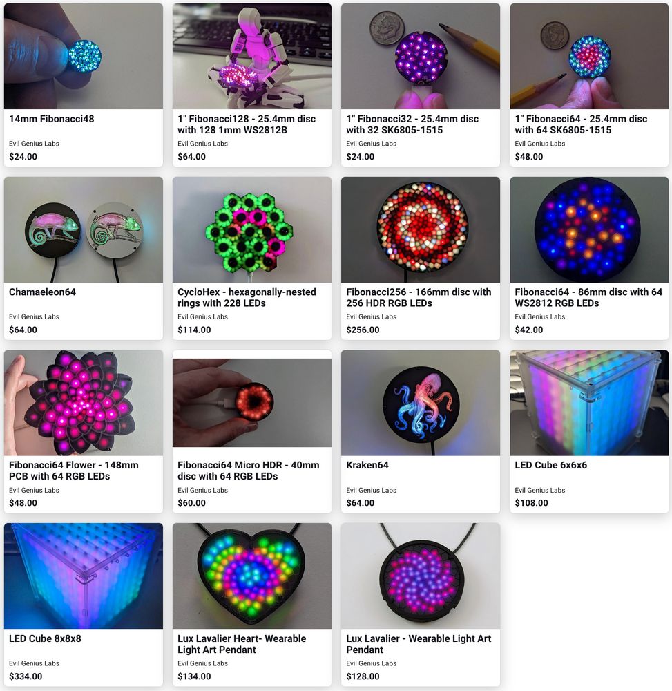Screenshot of my store on Lectronz, showing a variety of colorful LED creations: discs large and small, chameleon, octopus, flower, cube, heart, etc.