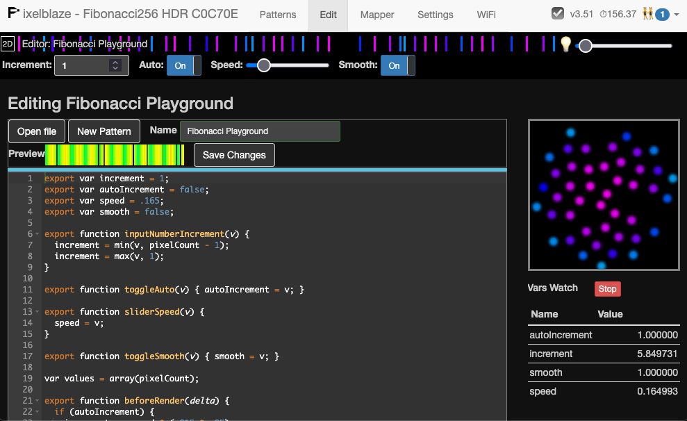 Screenshot of the Pixelblaze web UI, displayed in a web browser. At the top of the screen there are controls for Increment, Auto, Speed, and Smooth. The main part of the UI shows a javascript code editor. On the right side an interactive preview is shown.