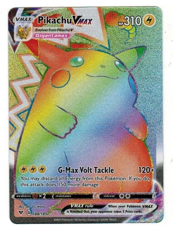 A rainbow Pikachu VMax Pokémon card.