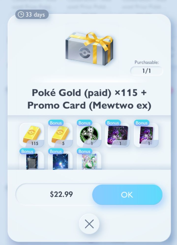 Pokemon TCG Pocket shop that has a purchasable item of $23 for some premium currency and a shiny mewtwo card.