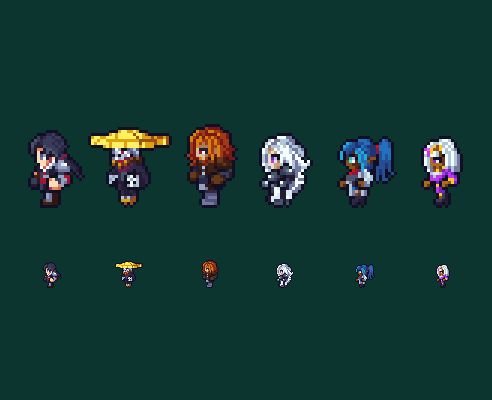 Pixel art collage of a party of 6 adventurers, in classic Final Fantasy style
