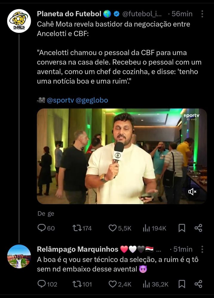 Dois tweets que falam basicamente: "ancelotti chamou galera da CBF pra cada e recebeu eles de avental e disse ter uma noticia boa e uma noticia ruim" e a resposta é outro tweet dizendo "a boa é que vou ser técnico da seleção a ruim é que eu to sem nada embaixo desse avental "