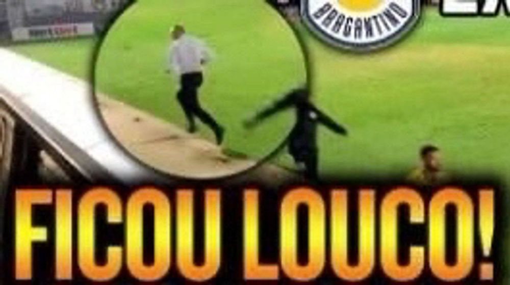 Parte cortada da thumbnail de um video sobre futebol. Nessa thumb cortada aparece uma parte do escudo do bragantino, uma pessoa (provavelmente o técnico) correndo e a legenda: "FICOU LOUCO!"