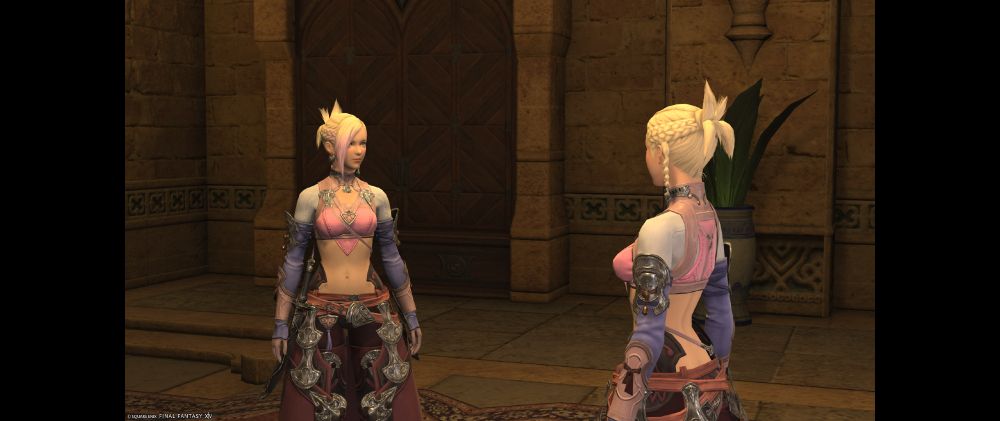 Minfilia and Minfauxlia staring at each other in the Waking Sands solar.