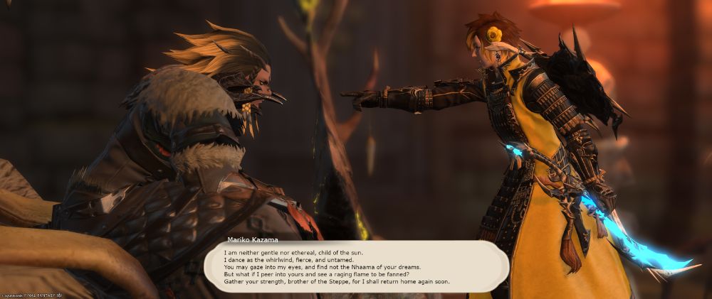 Magnai of the Oronir, having just suffered defeat in the Naadam, sits despondently on the Dawn Throne.
Mariko Kazama, armed with the sword torn from the devastated remains of the primal Ravana, stands before him, leaning forward and pointing a finger into his face.
Their eyes are locked together in a battle of defiance. Her expression is one of amusement. Satisfaction. Dominance.
"I am neither gentle nor ethereal, child of the sun," she proclaims to him, in a voice barely above a whisper, but carrying the force of a lion's roar. "I dance as the whirlwind, fierce, and untamed. You may gaze into my eyes, and find not the Nhaama of your dreams. But what if I peer into yours, and see a raging flame to be fanned? Gather your strength, brother of the Steppe, for I shall return home again soon."