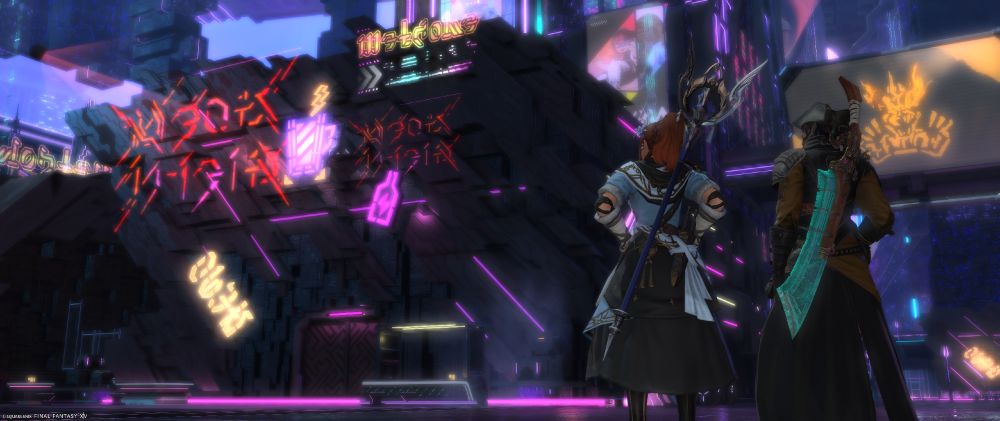 Largo Canzondolore and Margot Weisshexer, standing in the streets of Solution Nine, looking up at the Neon Stein's signboard.