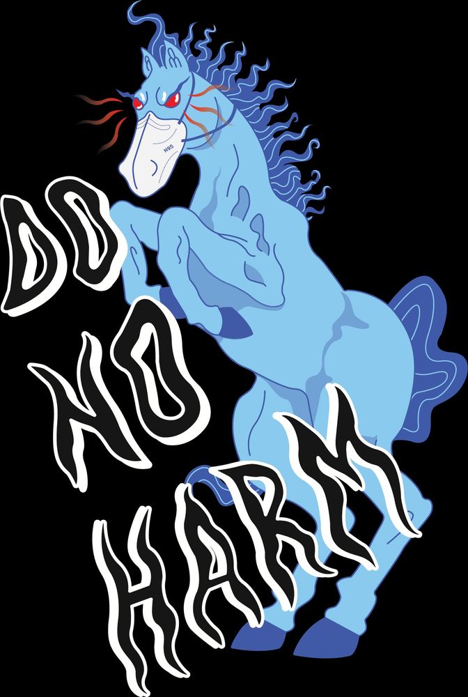 Blucifer, the demonic horse statue from Denver Int'l Airport, wearing an N95 mask. The words "do no harm' are written in black and white.