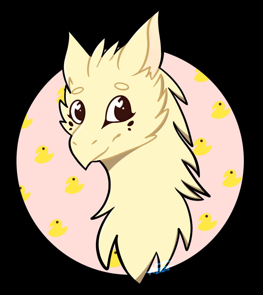 A light yellow colored fluffy dragon with ears and a beak. The background is pink with yellow Peeps.