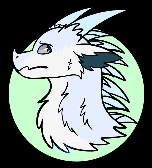 A fluffy light blue/off-white dragon with icy colored horns and spikes. They seem to be nervous.