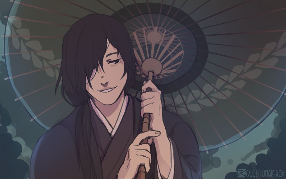 Matoba Seiji in kimono with his umbrella held over one shoulder, facing us but glancing over towards the side towards something unseen. He's being smug again.