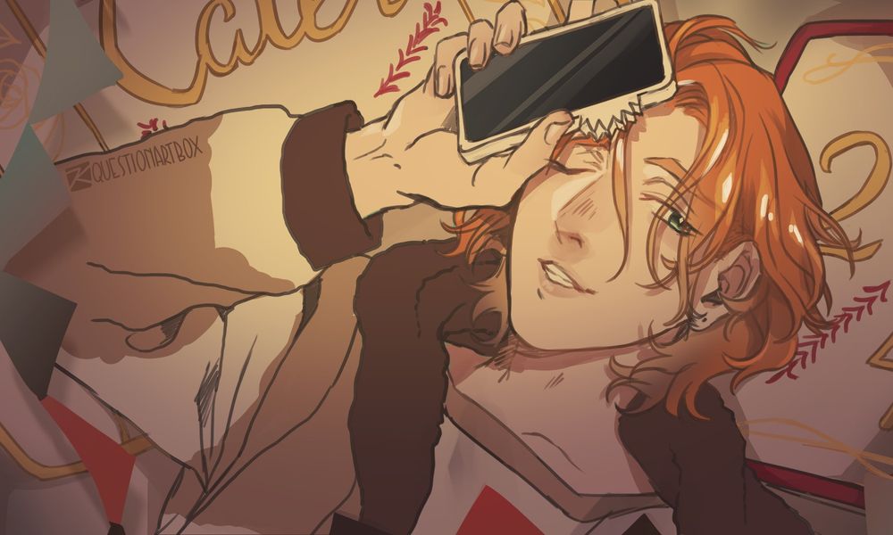 Close-up of Cater Diamond in his birthday sleepwear, holding his phone over his forehead and peeking up at the viewer with one eye closed and a little smile.